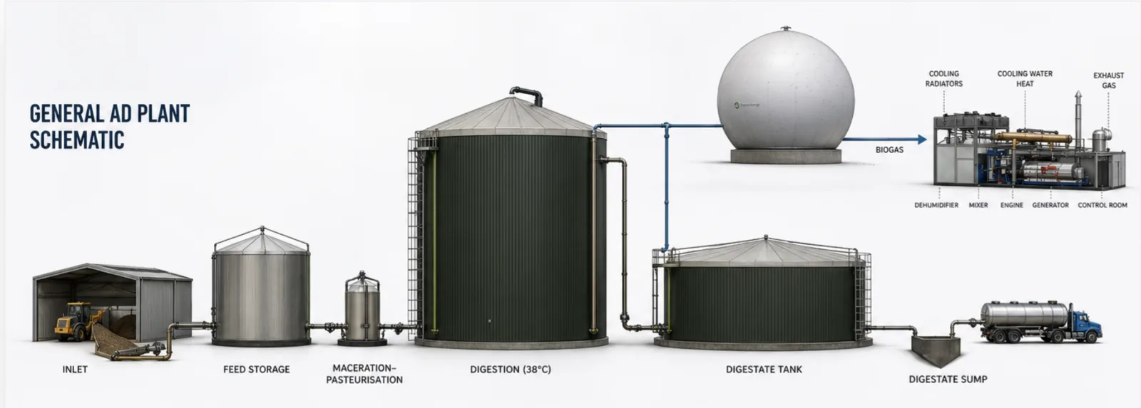 Detailed plant layout showing feedstock preparation, the digester, gas storage and power generation, and digestate storage