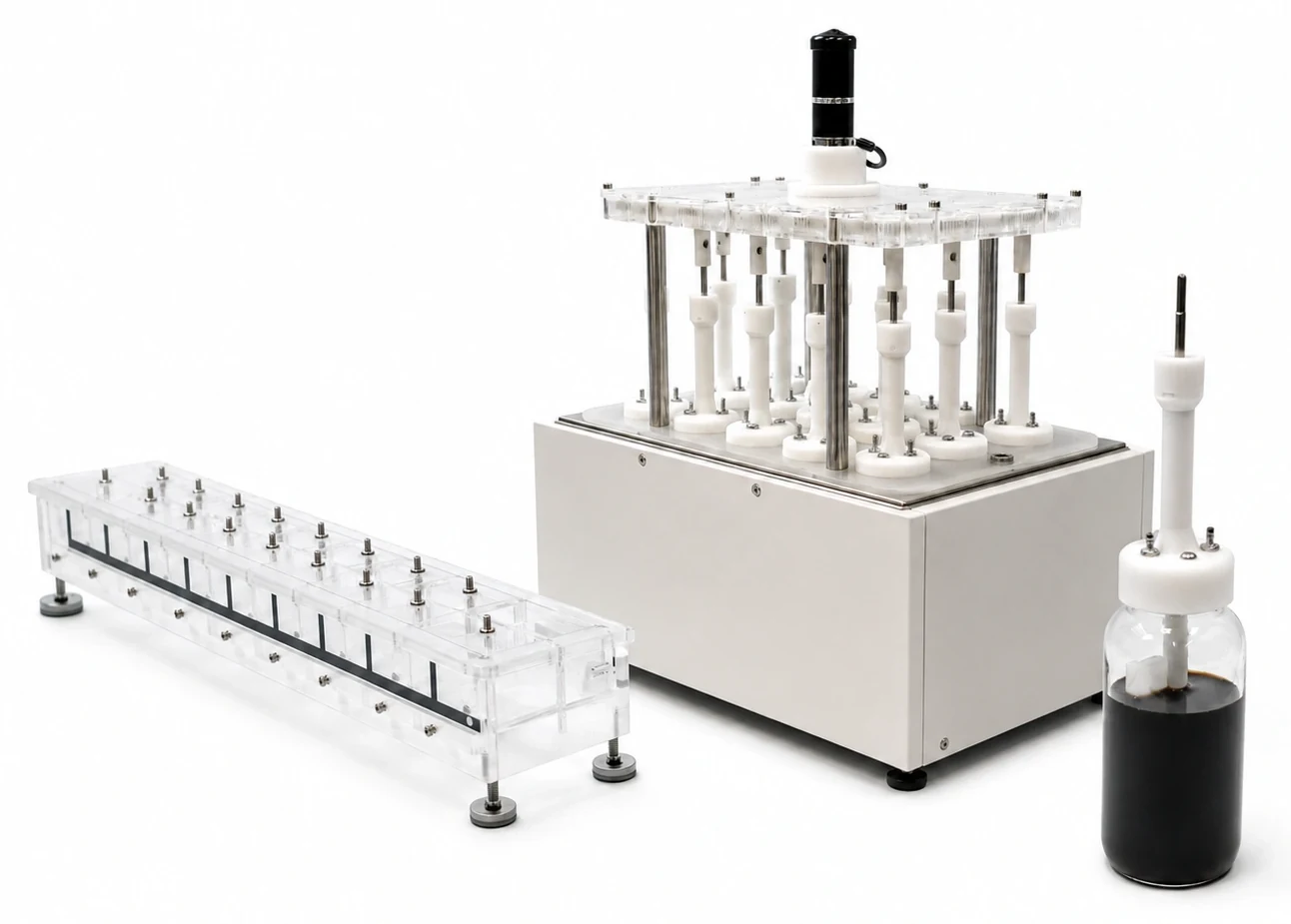 The BMP Nautilus water bath and reactor rack beside its gas flow meter and a filled reactor bottle