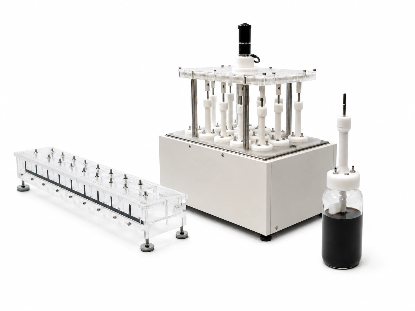 The BMP Nautilus water bath and reactor rack beside its gas flow meter and a filled reactor bottle