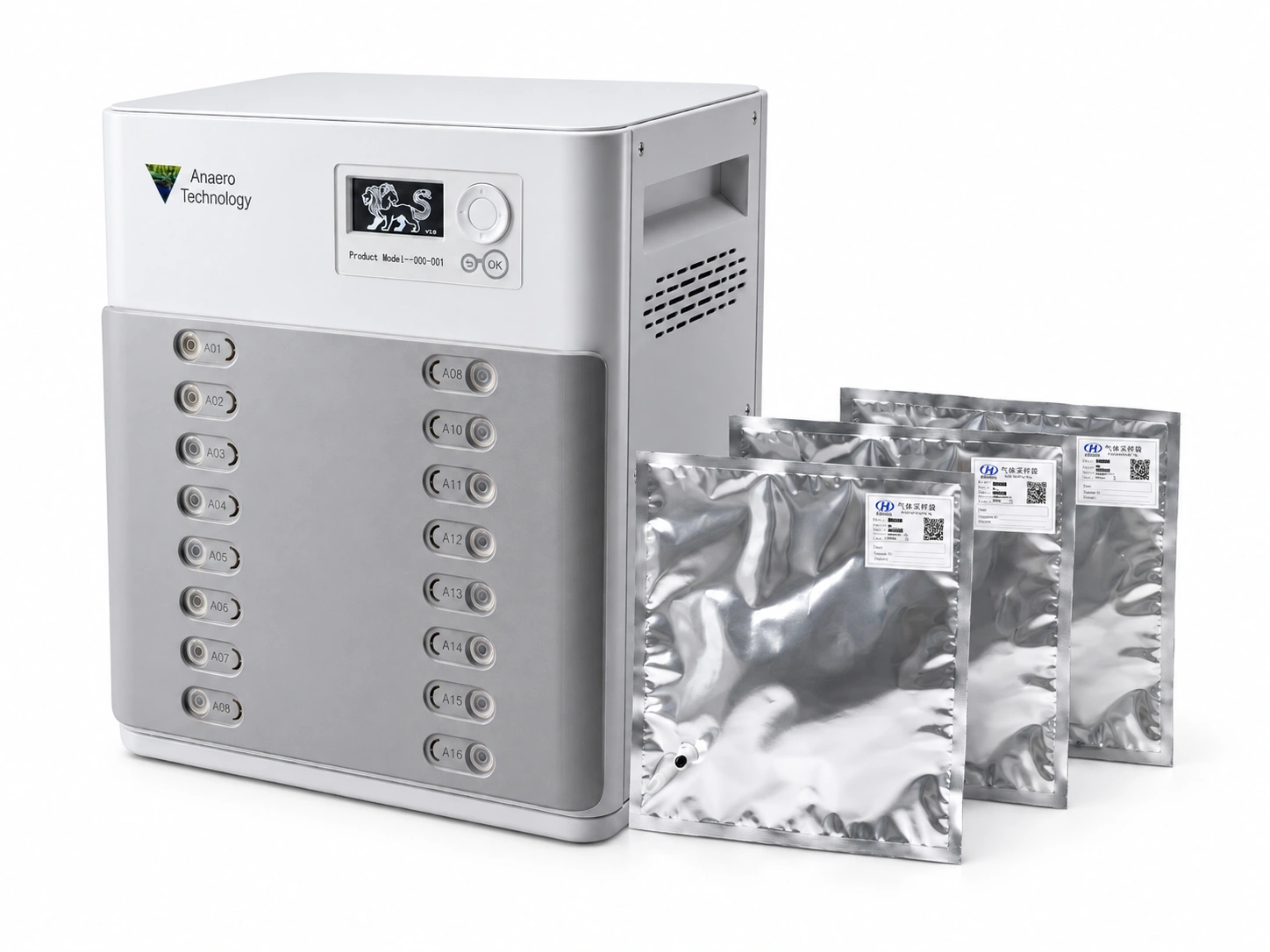 The Chimera gas analyser beside three silver gas sampling bags