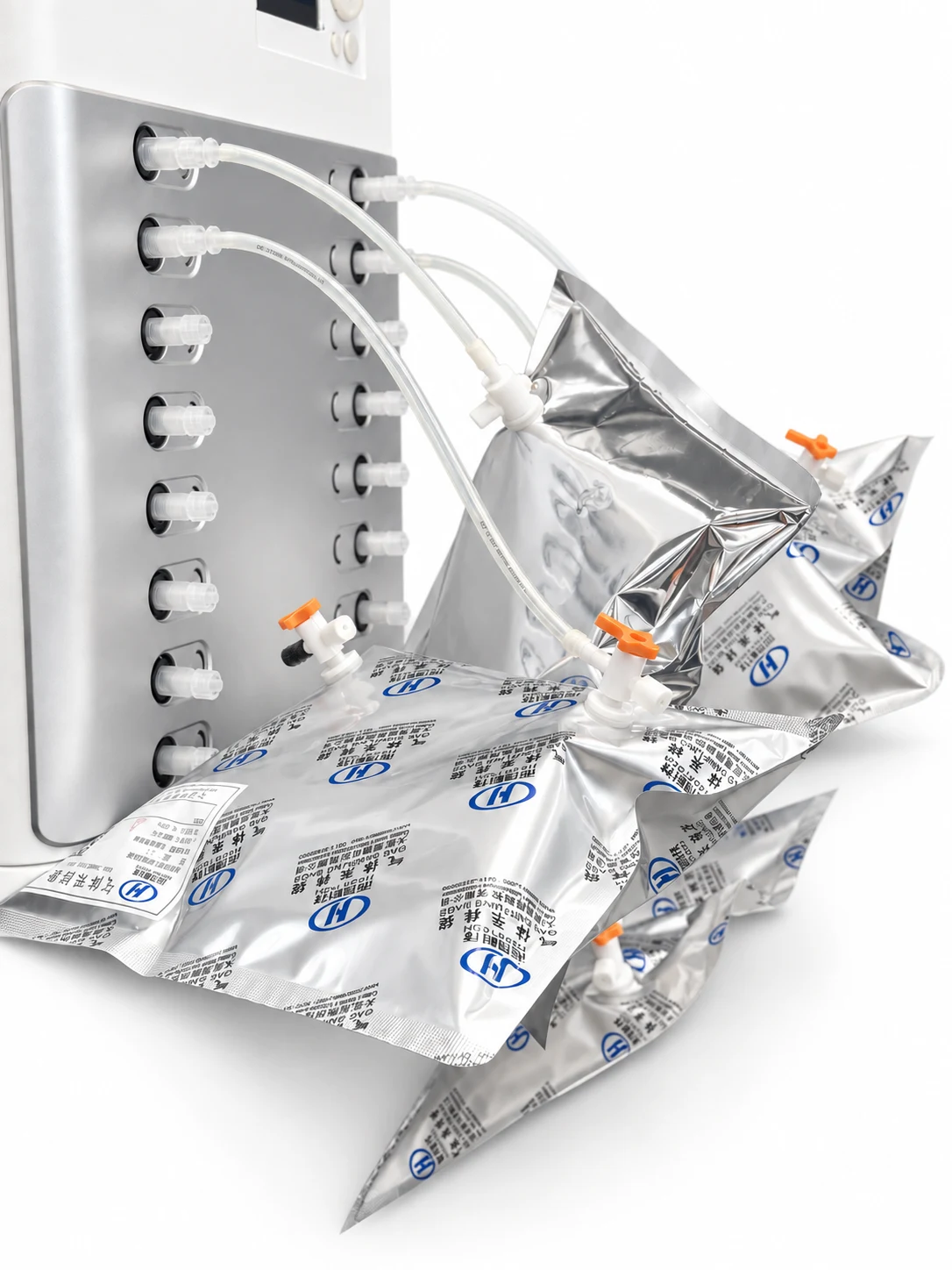 Gas collection bags connected by clear tubing to the Chimera Max analyser