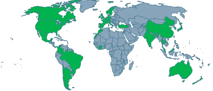 World map with the countries Anaero Technology supplies picked out, spanning the Americas, Europe, Africa, Asia and Australia